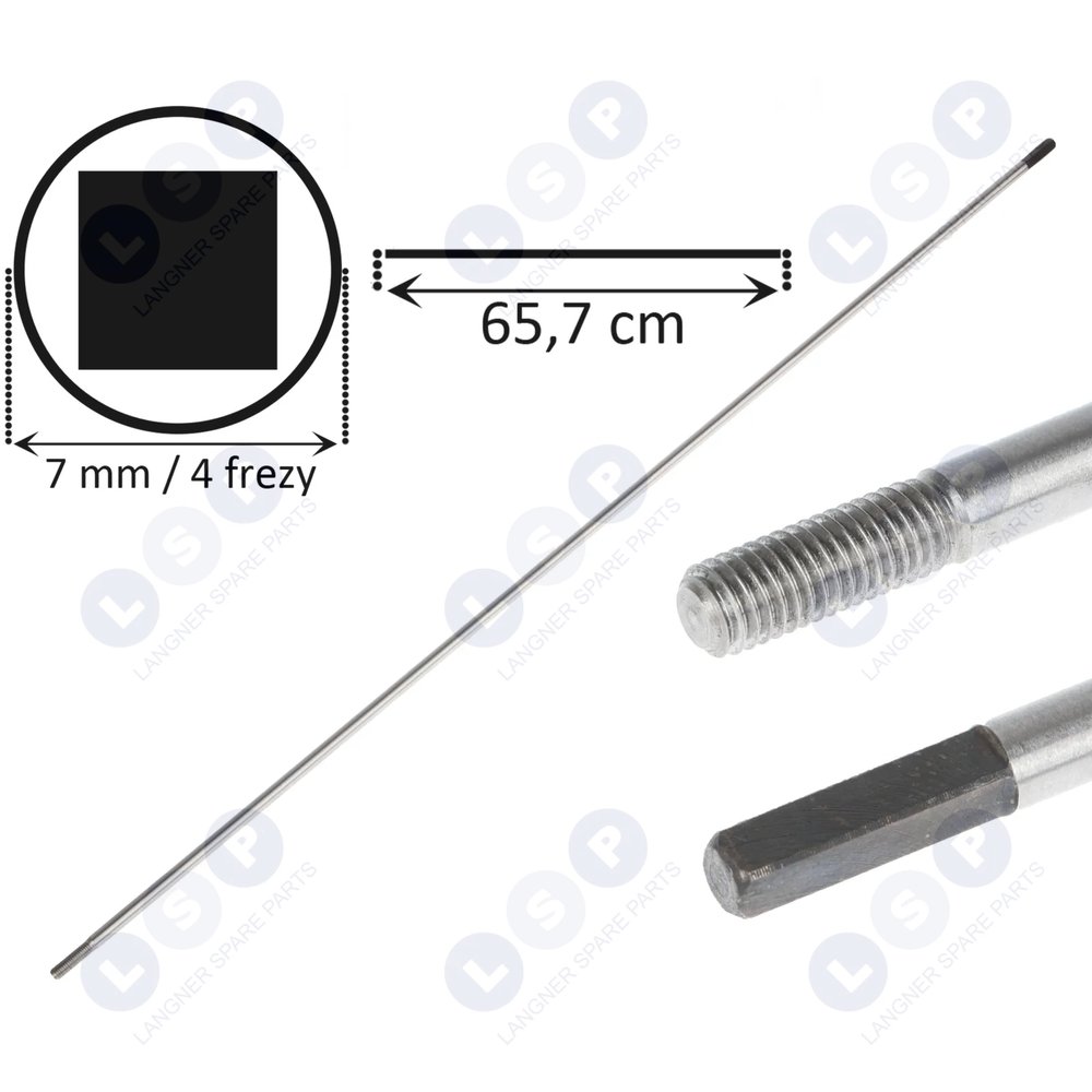Hnací hriadeľ, os krovinorezu, hriadeľ 4 nože ŠTVORCOVÝ 7 mm 65,7 CM